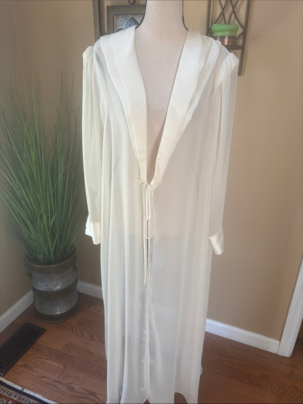 Vintage Flora Nikrooz Sheer Ivory Long Robe with Satin Trim